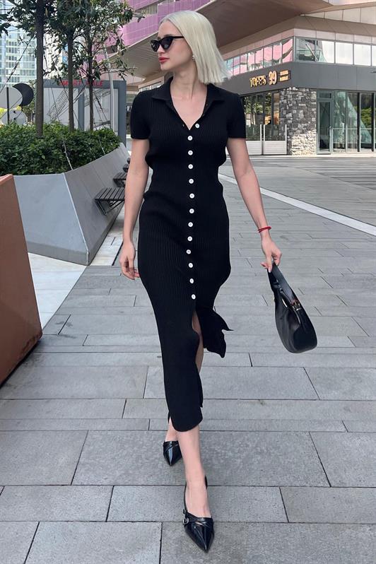 MDX Black Buttoned V-Neck Long Knit Dress MG2078 - Bayamón