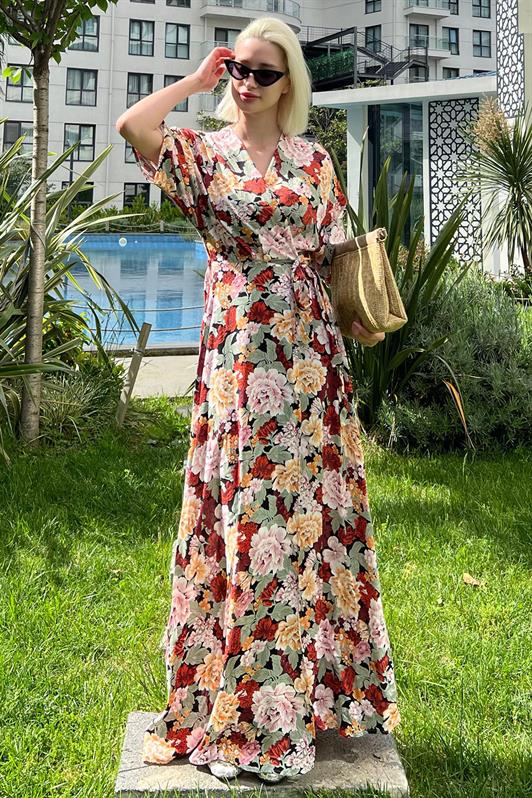 MDX Tile Flower Patterned Slit Detailed Long Dress MG2116 - Hillsborough
