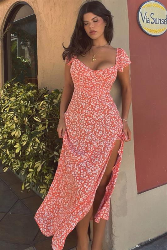MDX Orange Patterned Slit Long Dress MG2004 - Kryvyi Rih