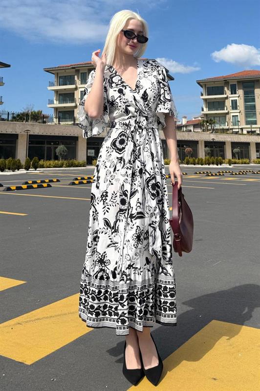 MDX Black Wrap Neck Patterned Women's Dress Mg2474 - Amsterdam