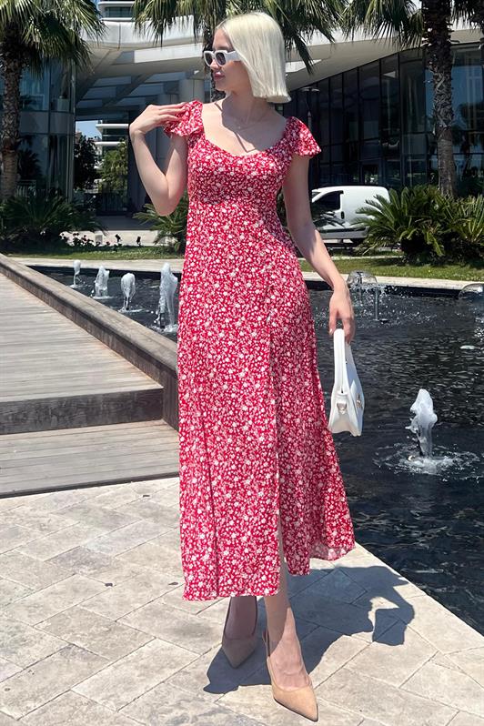 MDX Red Patterned Slit Long Dress MG2004 - Kenton