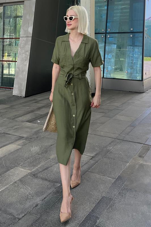MDX Green Shirt Collar Pocket Detailed Buttoned Long Dress MG2083 - Torreón
