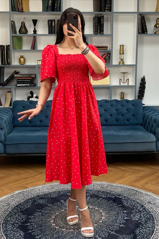 MDX Red Patterned High Waist Elastic Midi Dress - MG2101 - Ourém