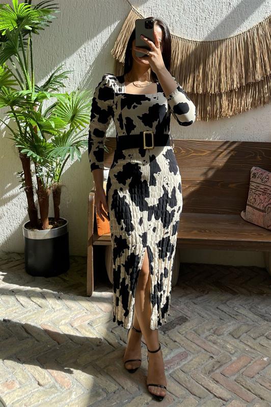 MDX Black Dalmatia Pattern Belted Midi Length Women's Dress Mg2420 - Belleville