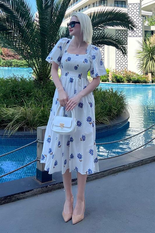 MDX Blue Patterned Elastic Waist Midi Dress - MG2101 - Southampton