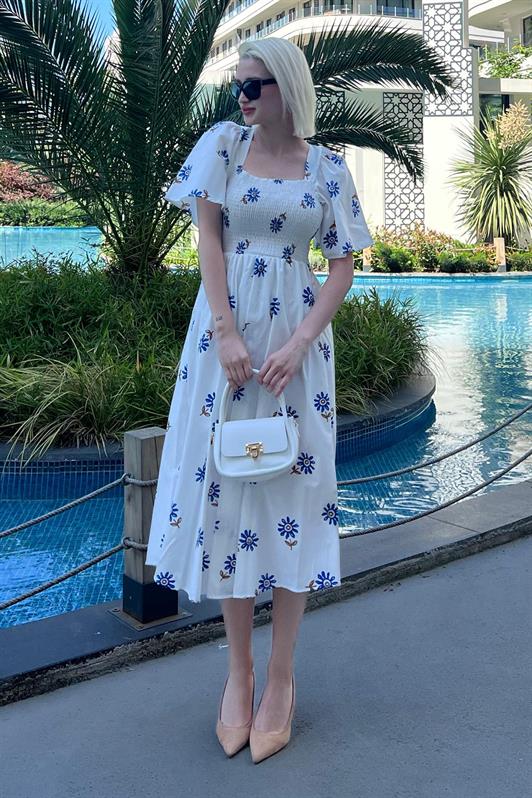 MDX Blue Patterned Elastic Waist Midi Dress - MG2101 - Southampton