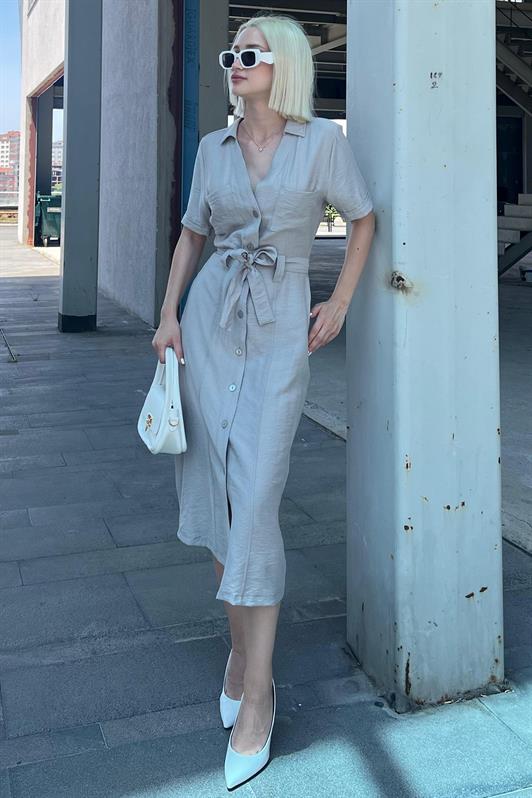 MDX Painted Gray Shirt Collar Pocket Detailed Buttoned Long Dress MG2083 - Kankakee