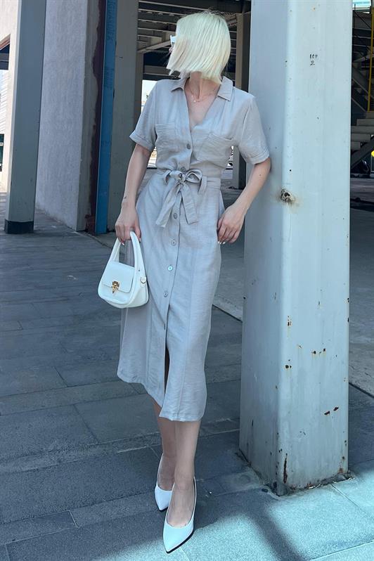 MDX Painted Gray Shirt Collar Pocket Detailed Buttoned Long Dress MG2083 - Kankakee