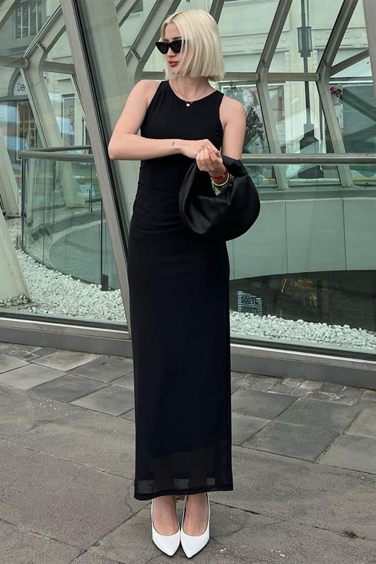 MDX Black Patterned Mesh High Neck Maxi Dress MG2097 - Columbia