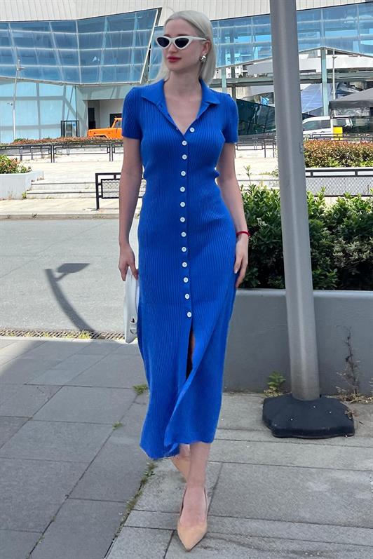 MDX Blue Buttoned V-Neck Long Knit Dress MG2078 - Aurich