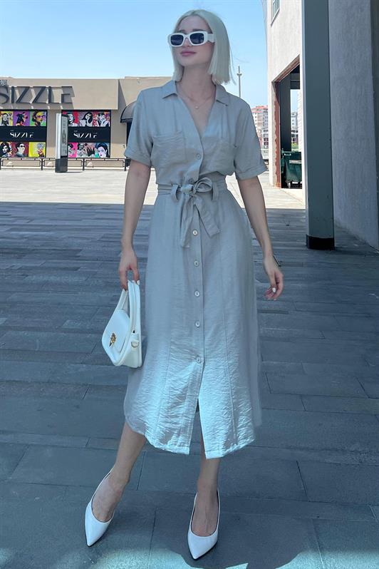 MDX Painted Gray Shirt Collar Pocket Detailed Buttoned Long Dress MG2083 - Kankakee