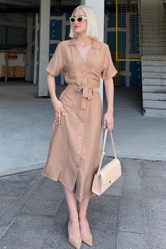 MDX Camel Shirt Collar Pocket Detailed Buttoned Long Dress MG2083 - Edinburg