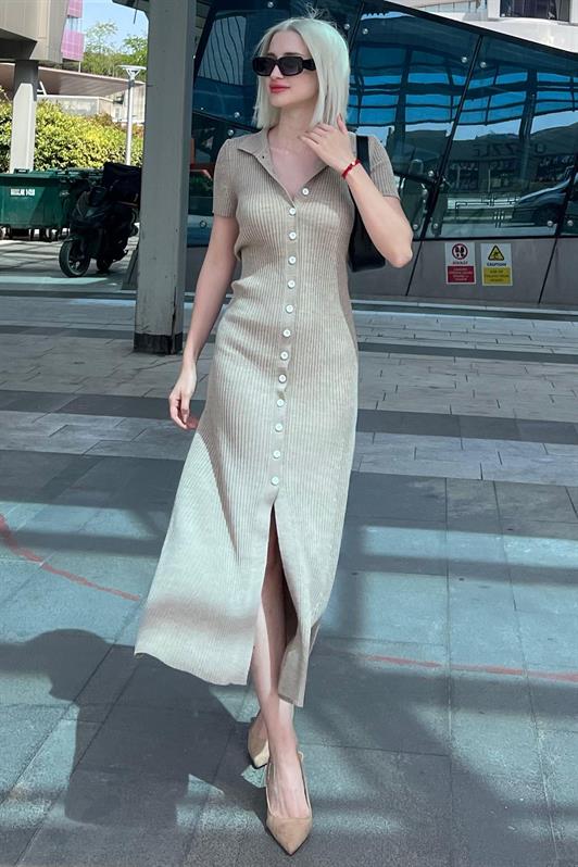 MDX Mink Buttoned V-Neck Long Knit Dress MG2078 - Odesa
