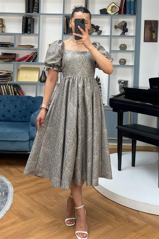 MDX Haki Balloon Sleeve Patterned Midi Size Women's Dress Mg2419 - Chihuahua