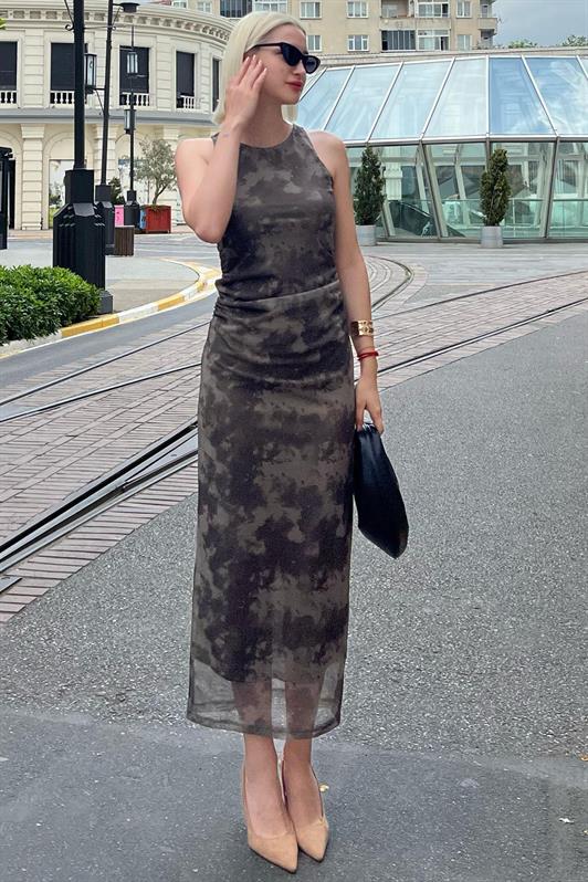 MDX Haki Patterned Mesh High Neck Maxi Dress MG2097 - Anchorage