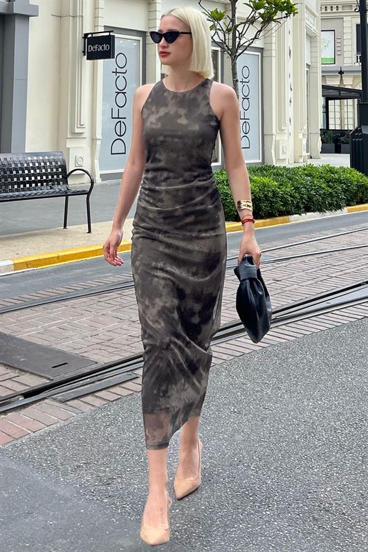 MDX Haki Patterned Mesh High Neck Maxi Dress MG2097 - Anchorage