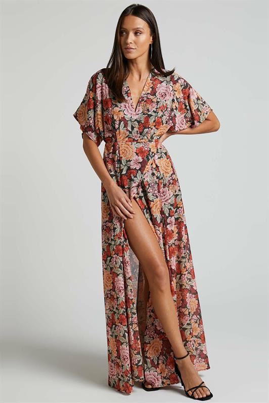 MDX Tile Flower Patterned Slit Detailed Long Dress MG2116 - Hillsborough