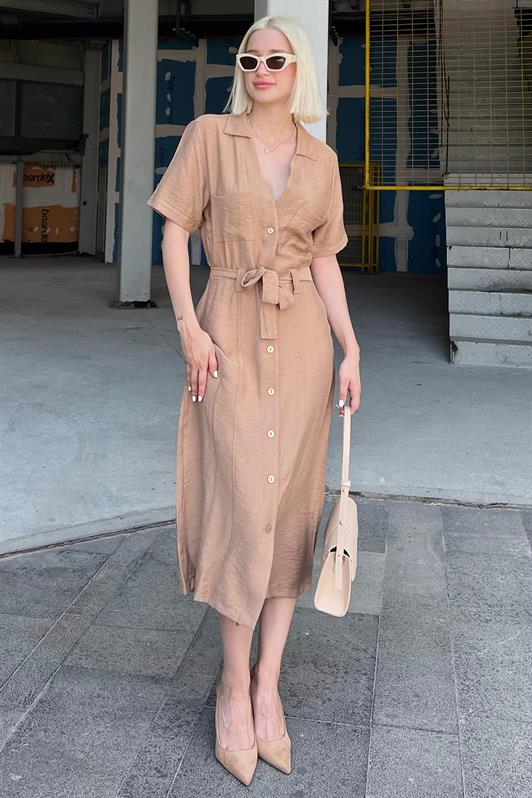 MDX Camel Shirt Collar Pocket Detailed Buttoned Long Dress MG2083 - Edinburg