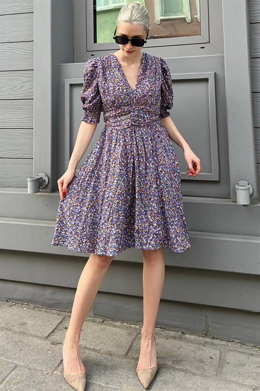MDX Purple Flower Patterned Watermelon Sleeve Mini Dress MG1716 - Zákynthos