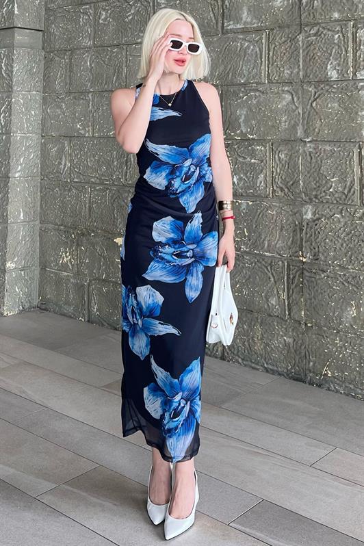 MDX Blue Patterned Mesh High Neck Maxi Dress MG2097 - Bilhorod-Dnistrovskyi