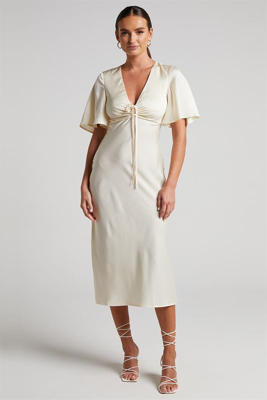 MDX Beige Midi Length Short Sleeve Satin Dress MG2013 - Long Beach