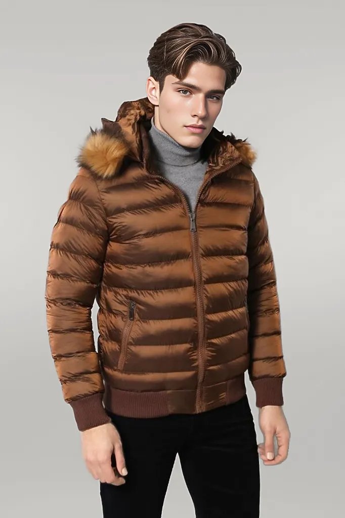 WSS Fur Hooded Men's Puffer Coat in Tan  - Singen