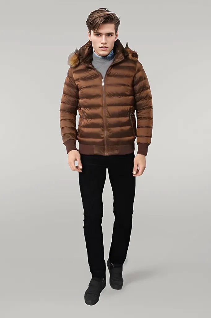 WSS Fur Hooded Men's Puffer Coat in Tan  - Singen