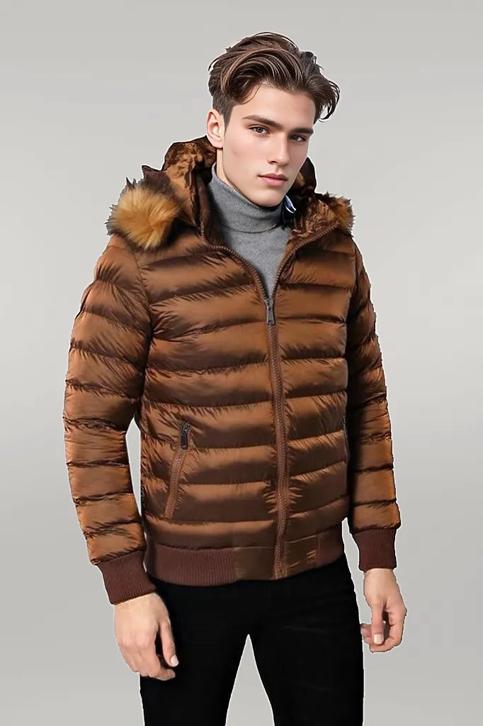 WSS Fur Hooded Men's Puffer Coat in Tan  - Singen