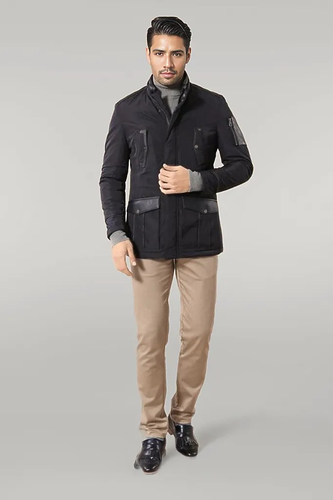 WSS Leather Modeled Navy Blue Slim Fit Quilted Jacket  - Singen