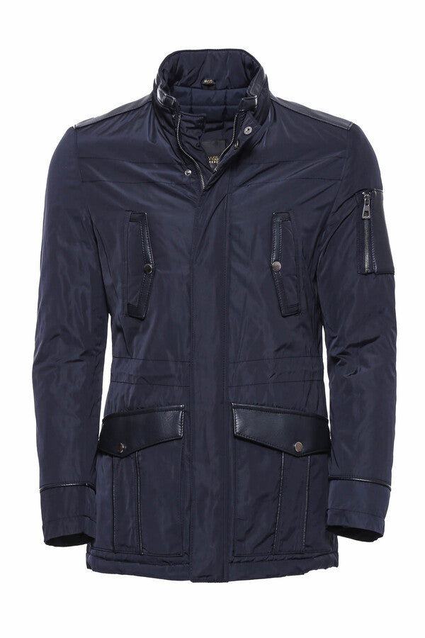 WSS Leather Modeled Navy Blue Slim Fit Quilted Jacket  - Singen