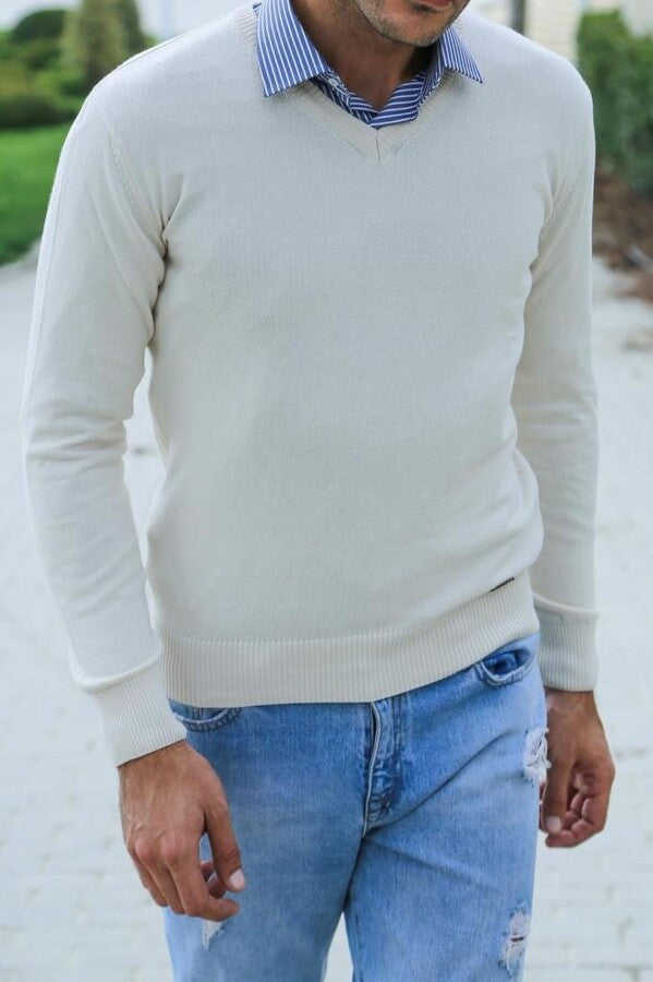 WSS V Neck Cream Sweater  - Harlingen