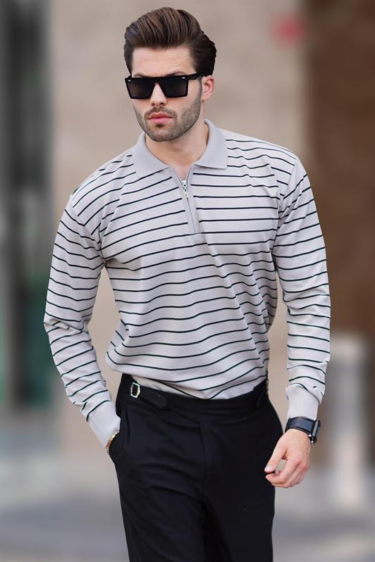 MDX Gray Striped Zippered Knit Sweater with Polo Collar 7243 - Deva