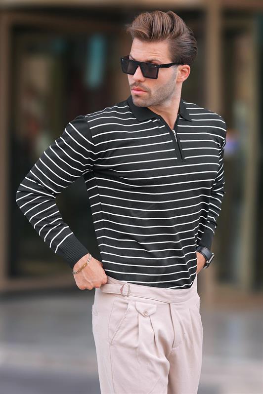 MDX Black Polo Neck Striped Zippered Knit Sweater 7243 - Clermont-Ferrand