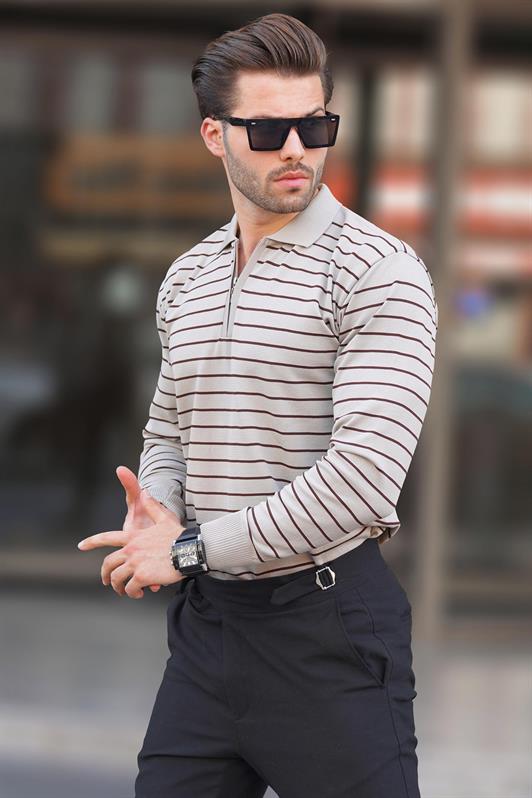 MDX Mink Polo Neck Striped Zippered Knit Sweater 7243 - Tamazunchale