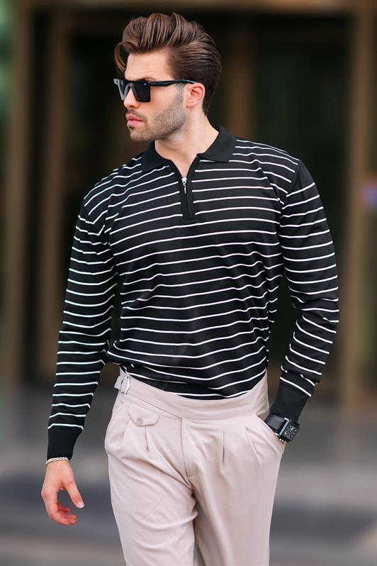 MDX Black Polo Neck Striped Zippered Knit Sweater 7243 - Clermont-Ferrand