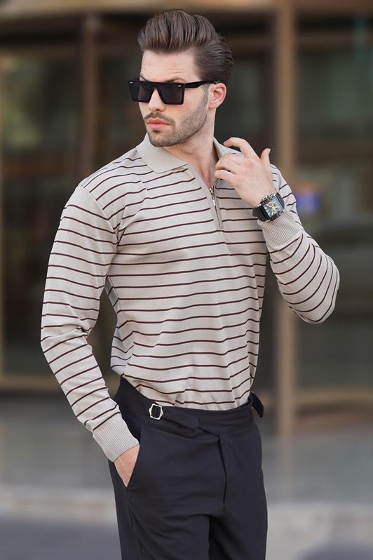 MDX Mink Polo Neck Striped Zippered Knit Sweater 7243 - Tamazunchale