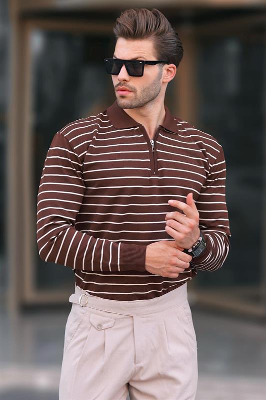 MDX Brown Striped Zippered Knit Sweater with Polo Collar 7243 - Gaithersburg