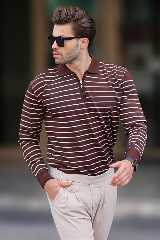 MDX Brown Striped Zippered Knit Sweater with Polo Collar 7243 - Gaithersburg