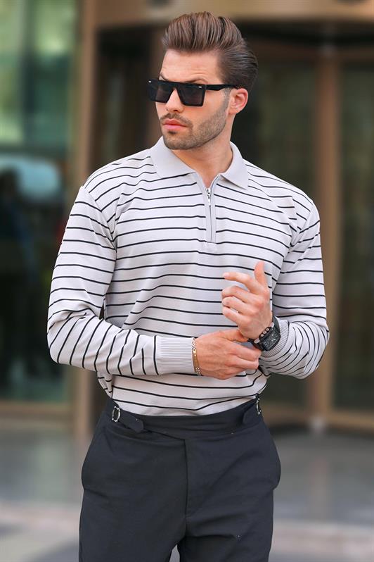 MDX Gray Striped Zippered Knit Sweater with Polo Collar 7243 - Deva