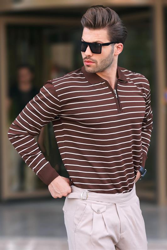 MDX Brown Striped Zippered Knit Sweater with Polo Collar 7243 - Gaithersburg
