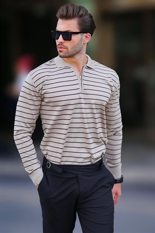 MDX Mink Polo Neck Striped Zippered Knit Sweater 7243 - Tamazunchale