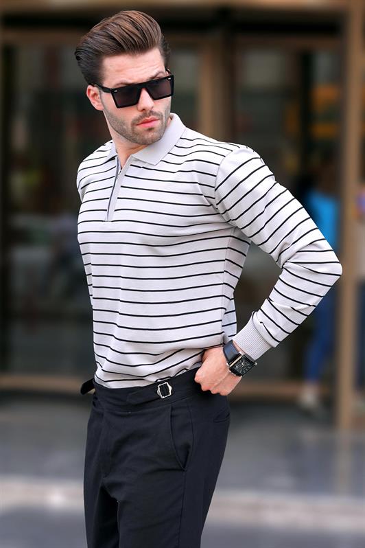 MDX Gray Striped Zippered Knit Sweater with Polo Collar 7243 - Deva