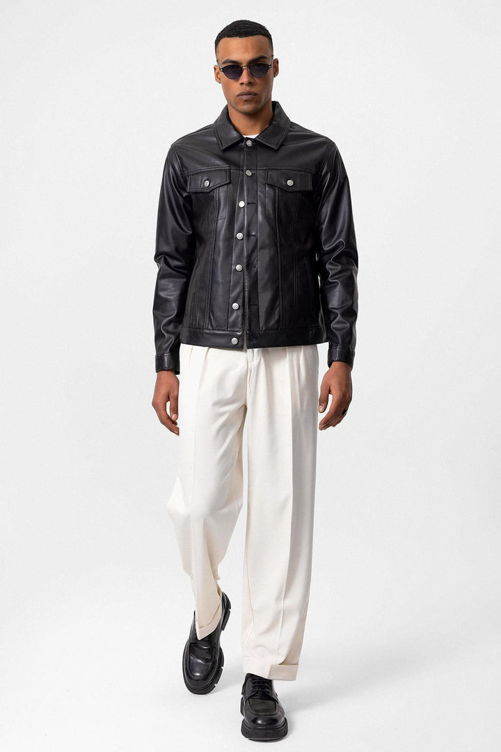 ANT Men's Slim Fit Button Closure Leather Coat - Wesley Chapel