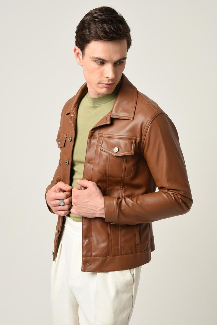 ANT Men's Slim Fit Button Closure Leather Coat - Slidell