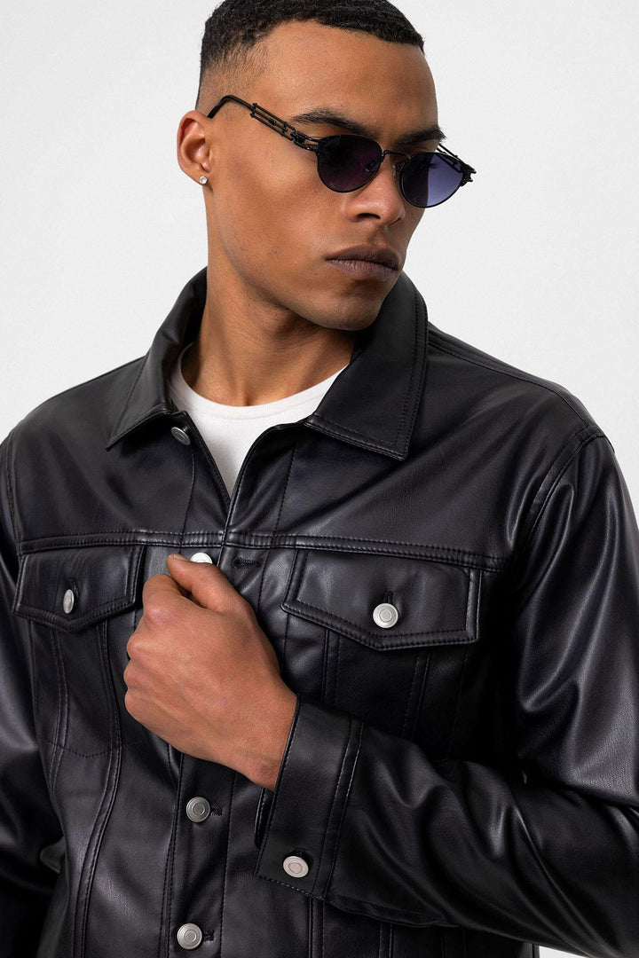 ANT Men's Slim Fit Button Closure Leather Coat - Wesley Chapel