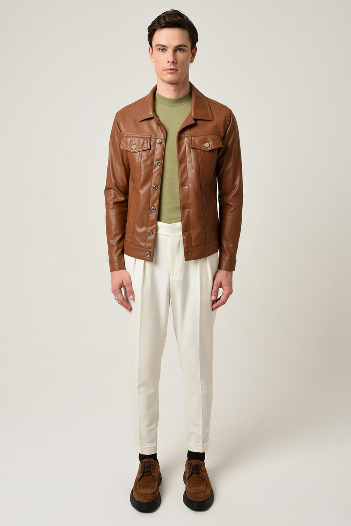 ANT Men's Slim Fit Button Closure Leather Coat - Slidell