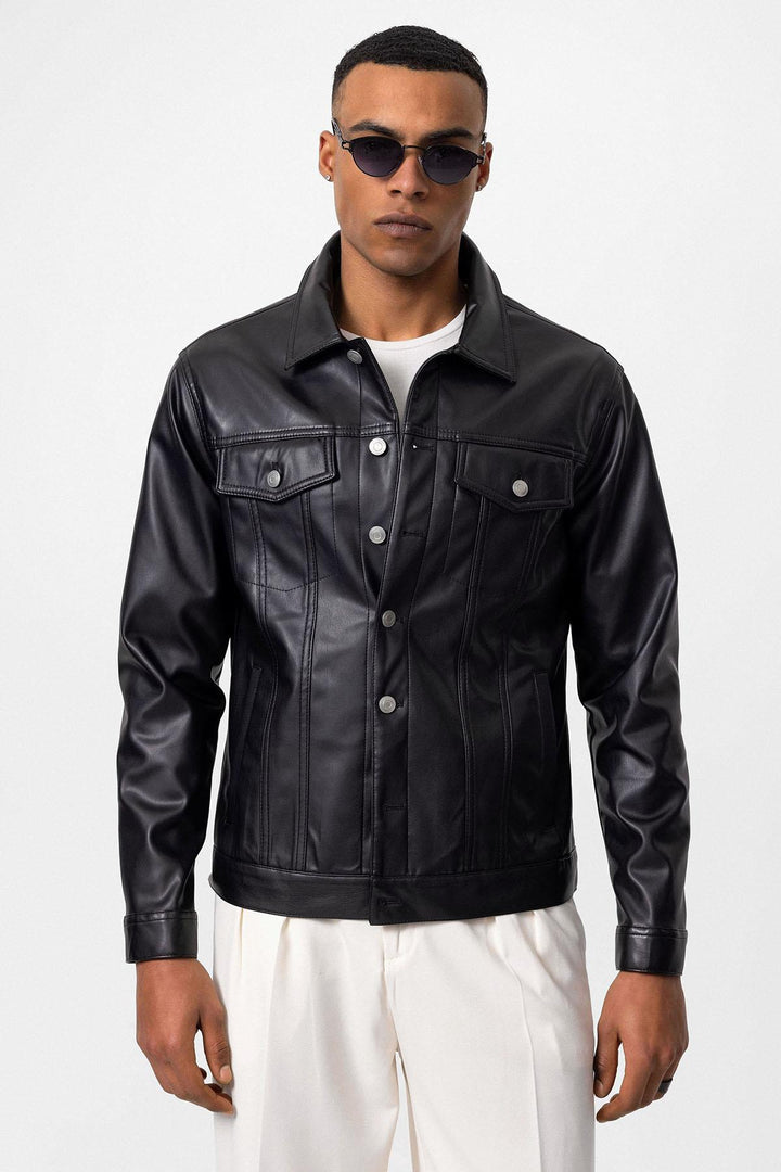 ANT Men's Slim Fit Button Closure Leather Coat - Wesley Chapel