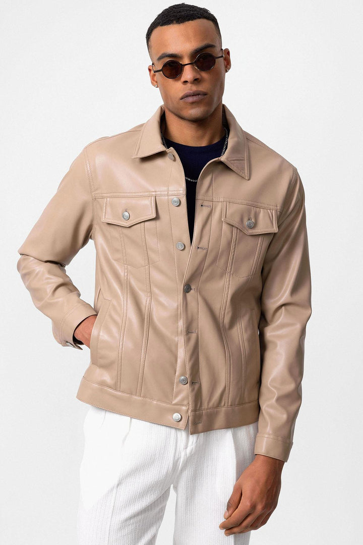 ANT Men's Slim Fit Button Closure Leather Coat - Schwerte