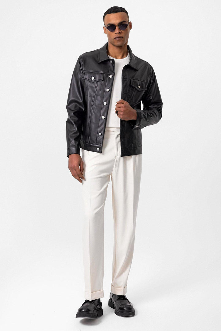 ANT Men's Slim Fit Button Closure Leather Coat - Wesley Chapel