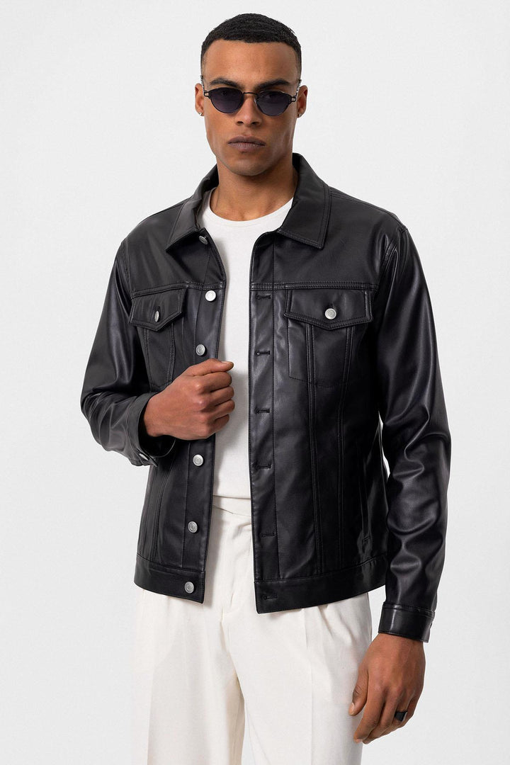 ANT Men's Slim Fit Button Closure Leather Coat - Wesley Chapel